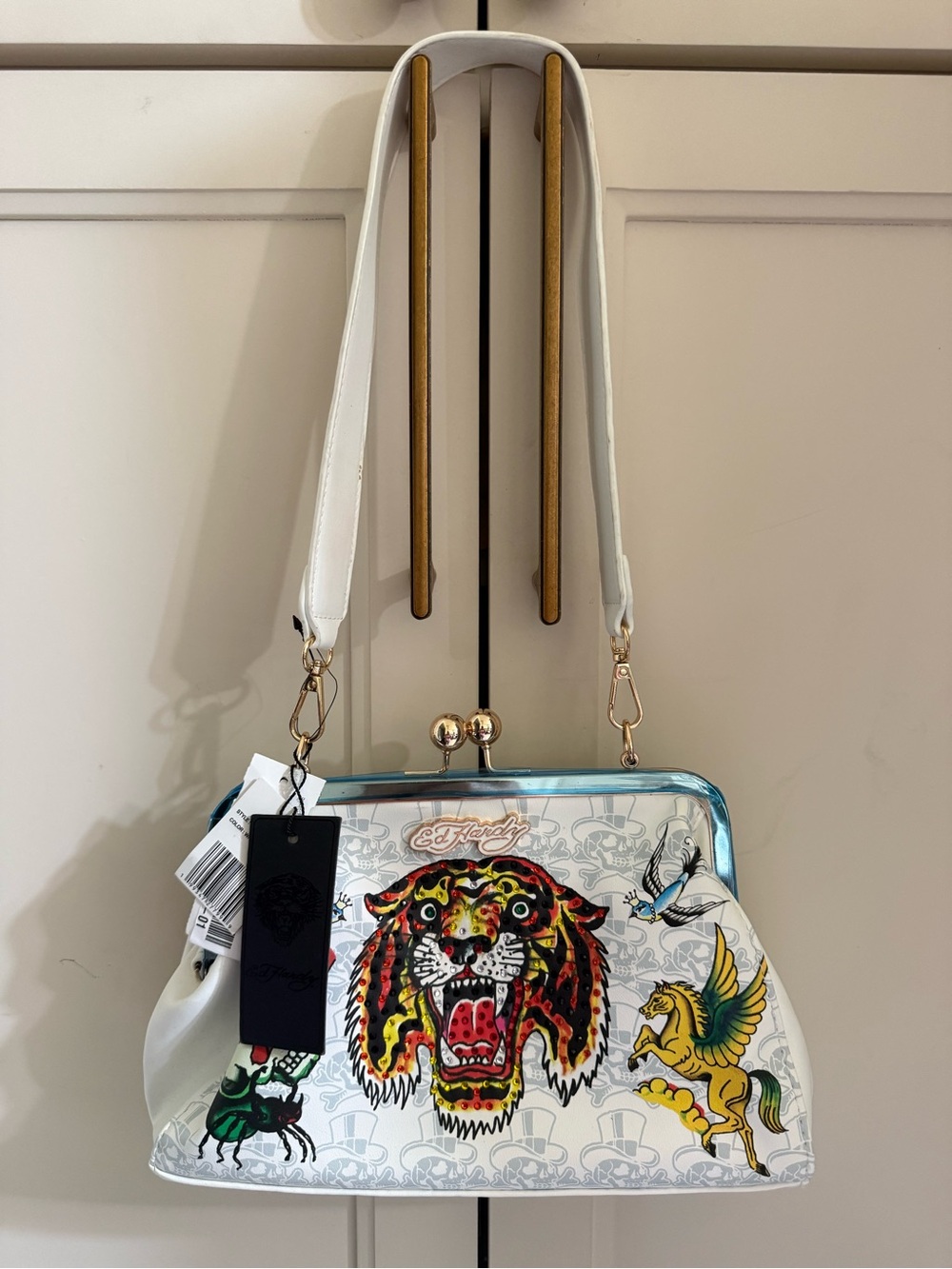 Ed Hardy Rhinestone Tiger Kiss Lock Shoulder Bag Purse and Keychain